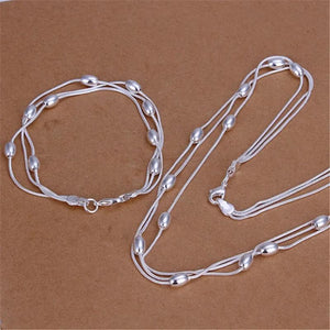 925 Sterling Silver Bracelets Necklace Set Oval Beads Chain 18 Inch Gift