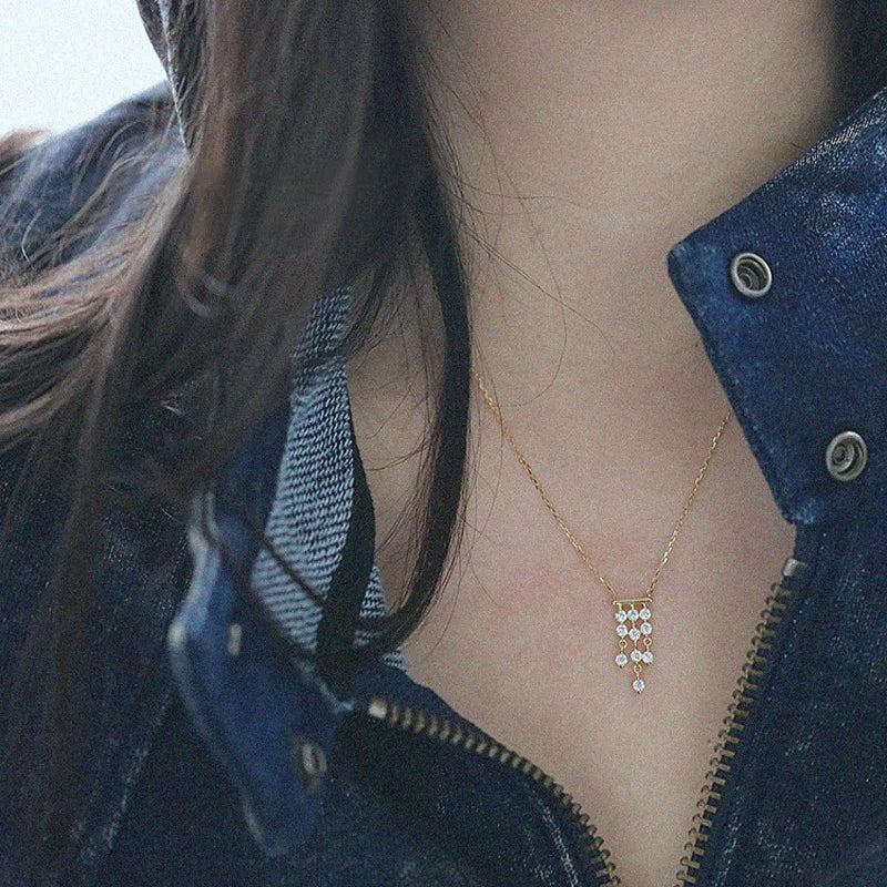 Vintage Tassel Zircon Pendant Necklace 14K S925 Silver Plated