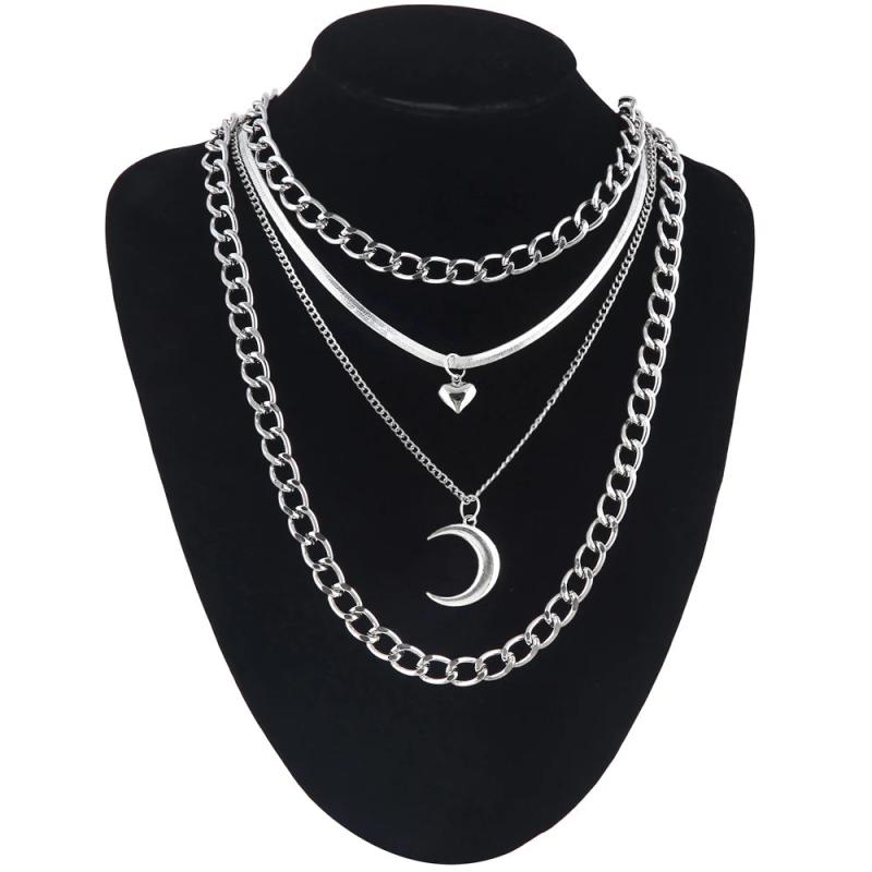 4pcs/Set Layer Moon Pendant Necklace Chains Gothic Jewelry Women Female Chocker