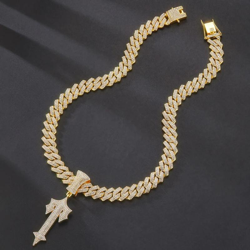 Men Women Ice Out Sword Necklaces 13mm Rhombus Cuban Chains HipHop Pendant