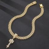 Men Women Ice Out Sword Necklaces 13mm Rhombus Cuban Chains HipHop Pendant