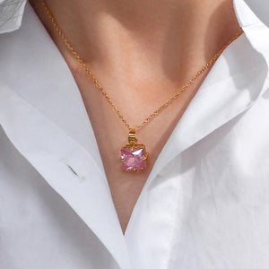 Christmas CZ Stone Pendant Necklace Red Green Pink Square Stone