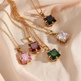 Christmas CZ Stone Pendant Necklace Red Green Pink Square Stone