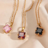 Christmas CZ Stone Pendant Necklace Red Green Pink Square Stone