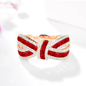 Romantic Red Crystal Bow Ring, 14K Rose Gold, Classic Literary Jewelry
