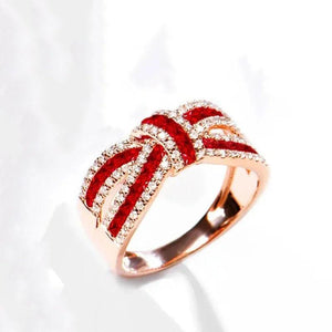 Romantic Red Crystal Bow Ring, 14K Rose Gold, Classic Literary Jewelry