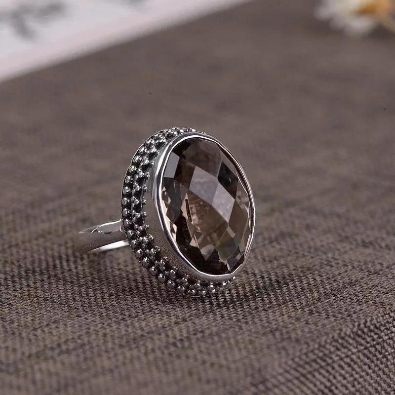 Baroque Ethnic Style Silver Inlaid Vintage Brown Gemstone Ring Adjustable