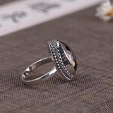 Baroque Ethnic Style Silver Inlaid Vintage Brown Gemstone Ring Adjustable