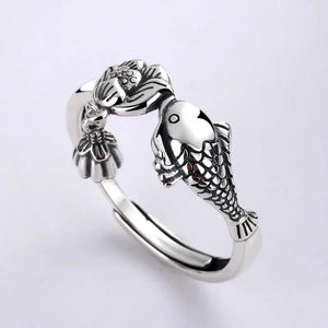 925 Silver Lotus Flower Fish Koi Ring Ethnic Vintage Pendant Jewelry