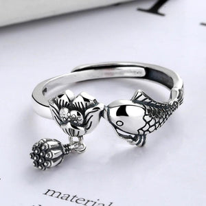925 Silver Lotus Flower Fish Koi Ring Ethnic Vintage Pendant Jewelry
