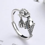 925 Silver Lotus Flower Fish Koi Ring Ethnic Vintage Pendant Jewelry