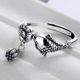 925 Silver Lotus Flower Fish Koi Ring Ethnic Vintage Pendant Jewelry