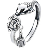 925 Silver Lotus Flower Fish Koi Ring Ethnic Vintage Pendant Jewelry