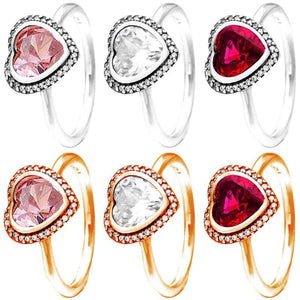 925 Silver Heart Glamour Ring Red Pink Crystal Women Gift DIY Jewelry