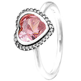 925 Silver Heart Glamour Ring Red Pink Crystal Women Gift DIY Jewelry