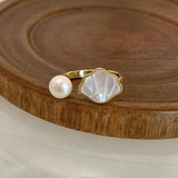 925 Silver Bead Pearl Shell Adjustable Ring Women Animal Fine Jewelry
