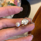 925 Silver Bead Pearl Shell Adjustable Ring Women Animal Fine Jewelry