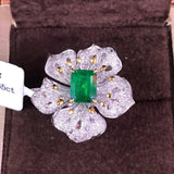 Vintage Lab Emerald Gemstone Silver Flower Petal Open Ring