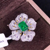 Vintage Lab Emerald Gemstone Silver Flower Petal Open Ring