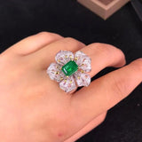 Vintage Lab Emerald Gemstone Silver Flower Petal Open Ring