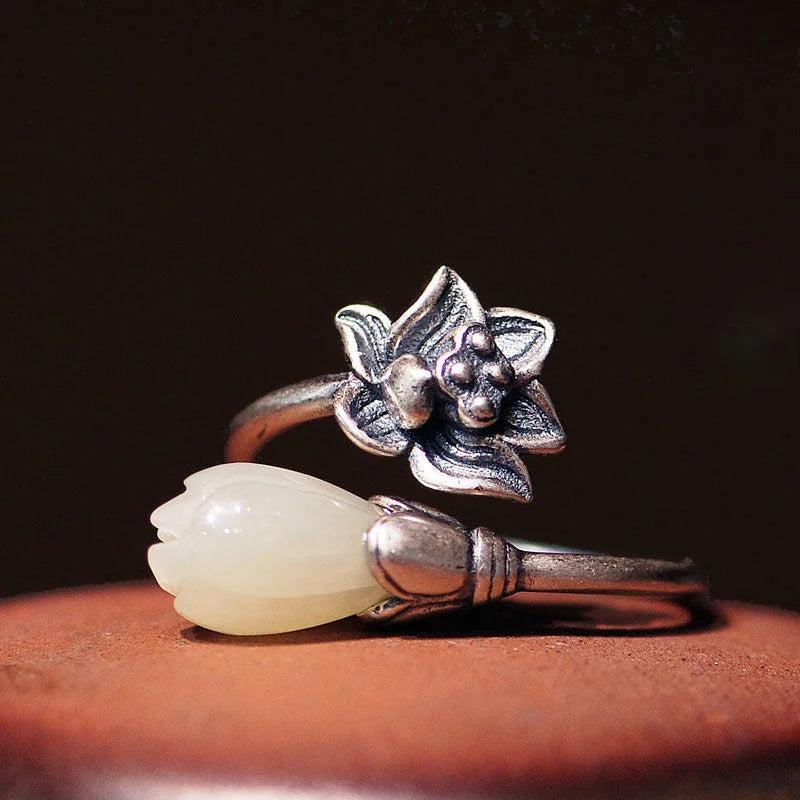 Hetian Magnolia Flower Adjustable Ring Bohemian Silver Jewel