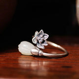 Hetian Magnolia Flower Adjustable Ring Bohemian Silver Jewel