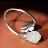 Hetian Magnolia Flower Adjustable Ring Bohemian Silver Jewel