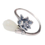Hetian Magnolia Flower Adjustable Ring Bohemian Silver Jewel