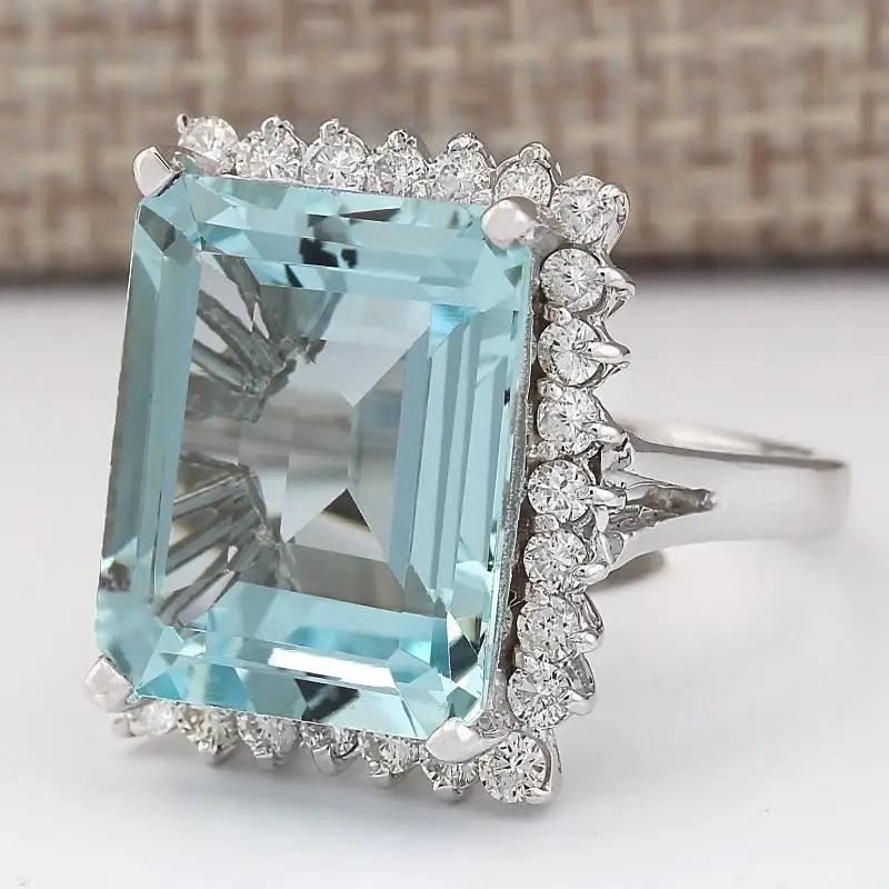 S925 Silver Sea Topa Sapphire Exaggerated Ring Women's Crystal Gem Wedding Jewel