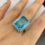 S925 Silver Sea Topa Sapphire Exaggerated Ring Women's Crystal Gem Wedding Jewel