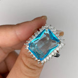 S925 Silver Sea Topa Sapphire Exaggerated Ring Women's Crystal Gem Wedding Jewel