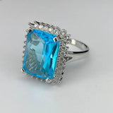 S925 Silver Sea Topa Sapphire Exaggerated Ring Women's Crystal Gem Wedding Jewel