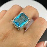 S925 Silver Sea Topa Sapphire Exaggerated Ring Women's Crystal Gem Wedding Jewel
