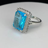 S925 Silver Sea Topa Sapphire Exaggerated Ring Women's Crystal Gem Wedding Jewel