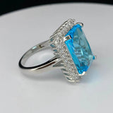 S925 Silver Sea Topa Sapphire Exaggerated Ring Women's Crystal Gem Wedding Jewel
