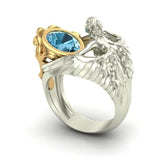S925 Silver Sea Gemstone Ring Navy Topaz Angel Wings Ring