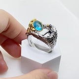 S925 Silver Sea Gemstone Ring Navy Topaz Angel Wings Ring