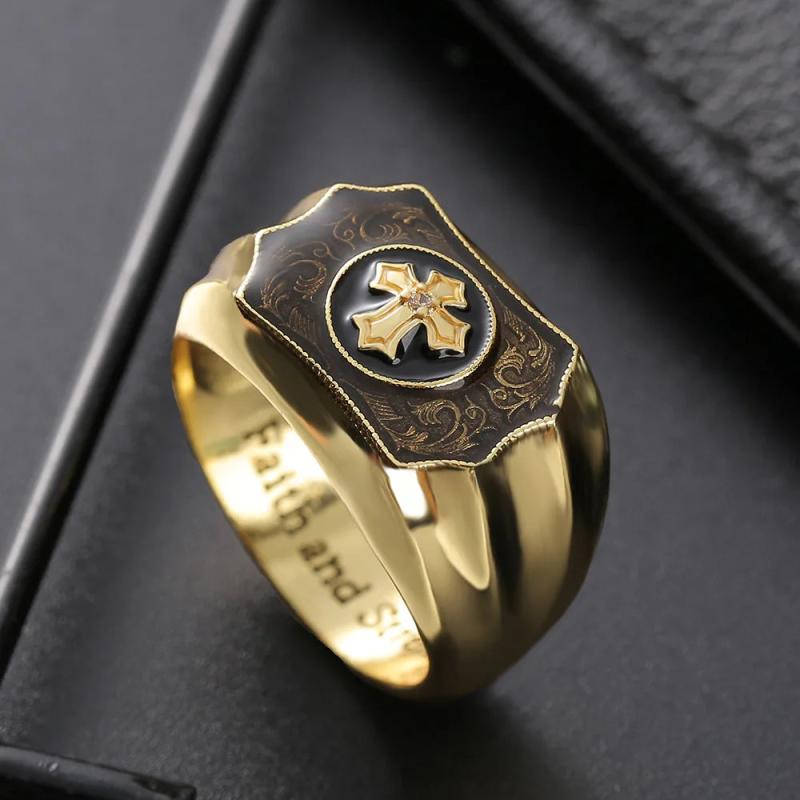 18k Yellow Agate Cross Men's Ring
