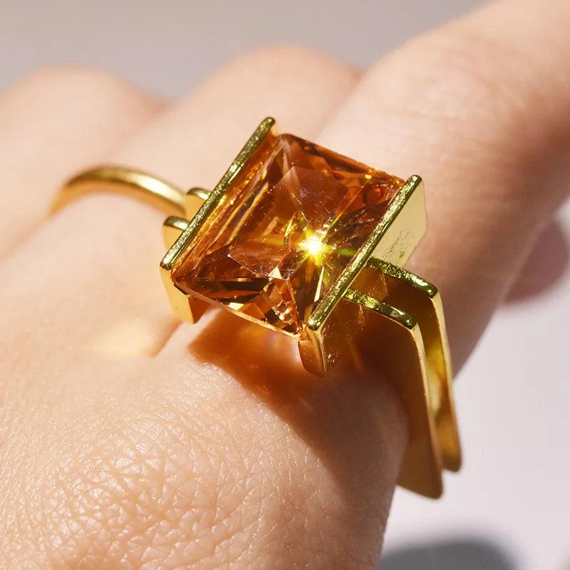 14K Princess Square Diamond Zircon Engagement Ring with Champagne