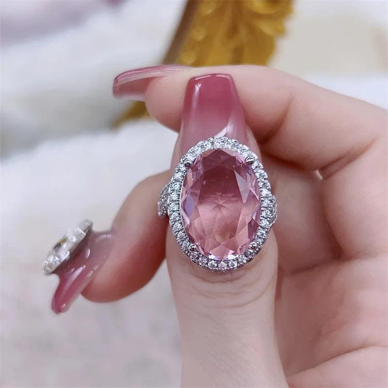 925 Silver Pink Champagne Zircon Oval Stone Wedding Ring