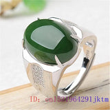 Green Jade Zircon Ring 925 Silver Natural Amulet Crystal Charm