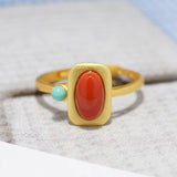 Southern Red Tourmaline Square Ring with Turquoise Charm