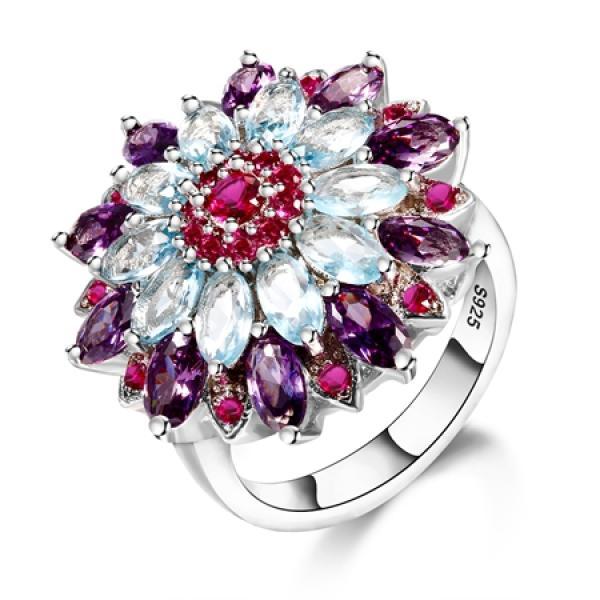 925 Silver Flower Shape Gemstone Top Rings for Women Wedding Gift