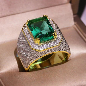 14K Yellow Emerald Men's Ring AAA Zircon Setting
