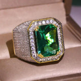 14K Yellow Emerald Men's Ring AAA Zircon Setting