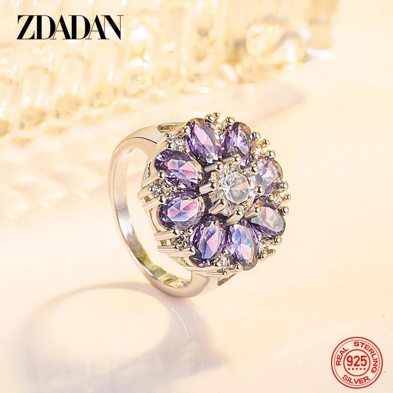 925 Silver Flower Amethyst Ring for Women Party Jewelry Gift