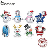 925 Silver Snowman Beads Christmas Pendants Snowflake Charms Fit Bracelet
