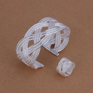 Silver Jewelry Set Retro Circular Opening Bracelet Ring