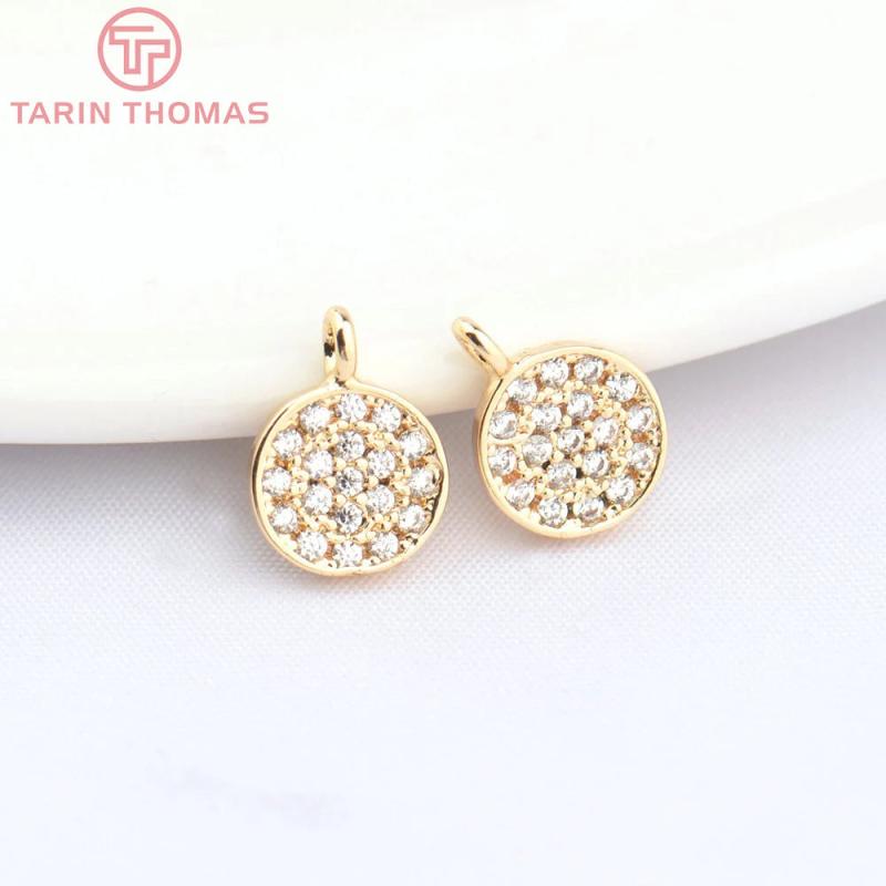 4PCS 24K Brass Zircon Round Charms Pendants for Jewelry Making