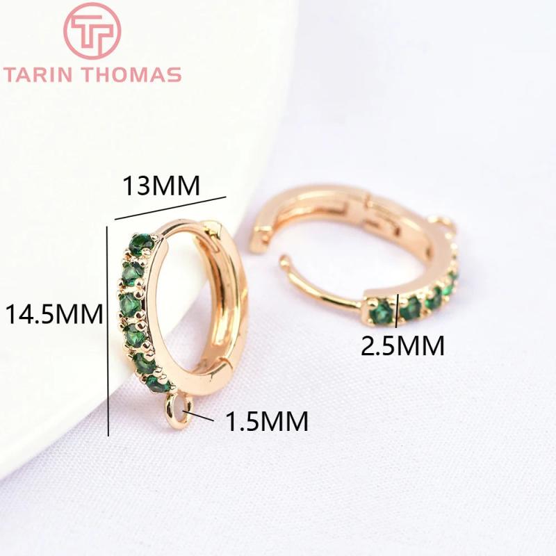 4PCS 13MM 24K Plated Brass Zircon Earring Hoops DIY Jewelry Making Accessory